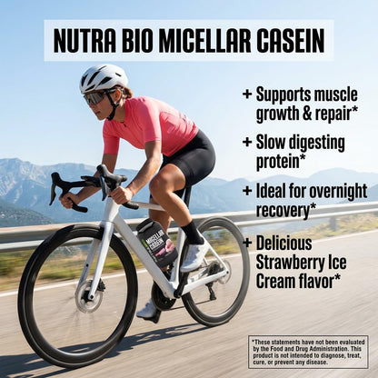 NutraBio Casein Protein Powder, Micellar Casien Powder, 25g Slow Digesting Protein, Helps Keep You Full, Overnight Muscle Recovery & Growth, BCAA & EAA, Gluten Free, Soy Free, 2lb Strawberry Ice Cream