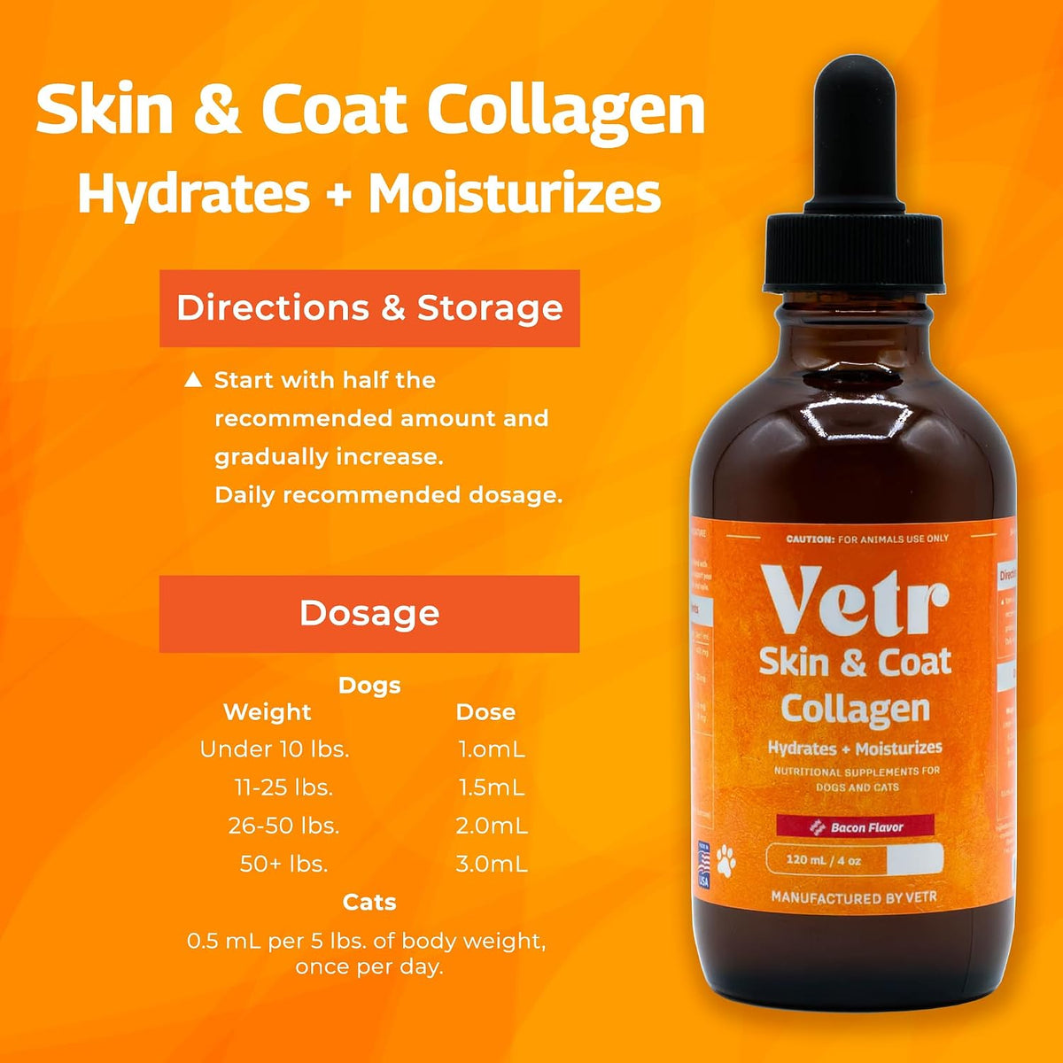 Vetr Skin & Coat Collagen for Dogs - Bacon Flavored Liquid Supplement - Supports Healthy Skin & Shiny Coat - 4 oz (120mL) - Vet-Formulated in USA