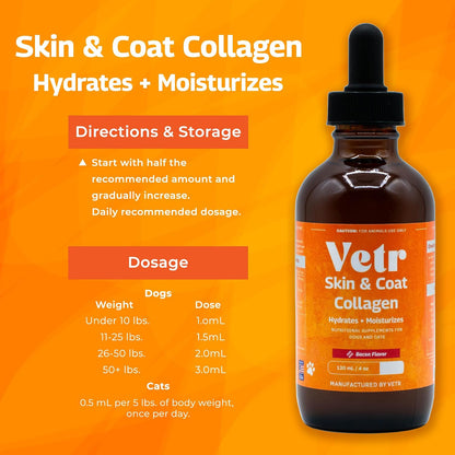 Vetr Skin & Coat Collagen for Dogs - Bacon Flavored Liquid Supplement - Supports Healthy Skin & Shiny Coat - 4 oz (120mL) - Vet-Formulated in USA
