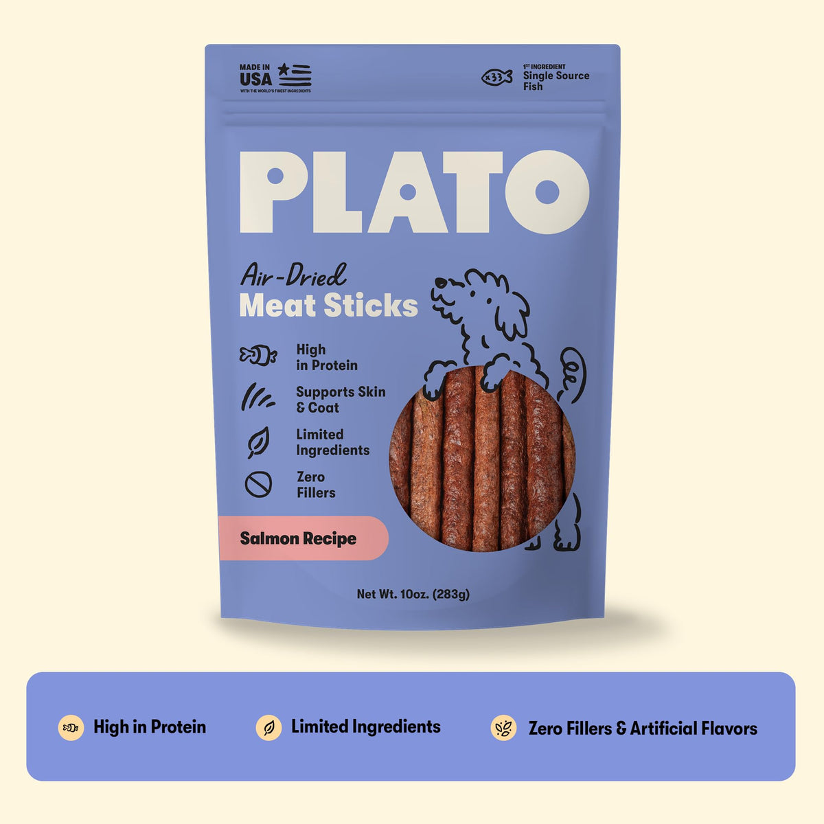 Plato Meat Sticks Salmon Dog Treats, Air-Dried High-Protein Soft Chews with Omega Fish Oil (EPA & DHA), 10 oz