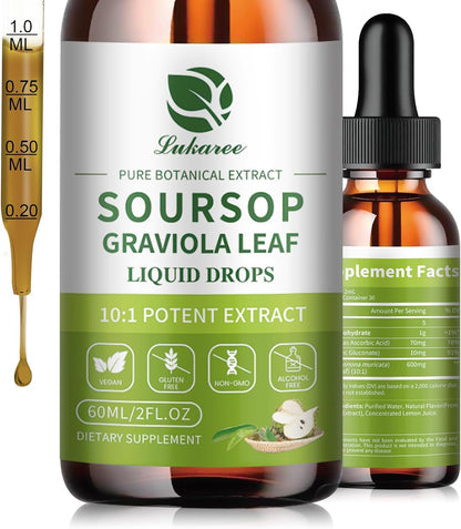 Lukaree Pure Soursop Graviola Leaves Extract - Immune Energy & Gut Support | Soursop Bitters Liquid Drop for Cell Support & Regeneration – Cold Extract with High Potency– Vegan | Gluten-Free | 2 Fl Oz