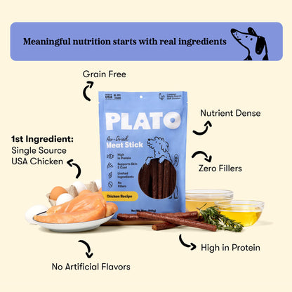 Plato Meat Sticks Salmon Dog Treats, Air-Dried High-Protein Soft Chews with Omega Fish Oil (EPA & DHA), 10 oz