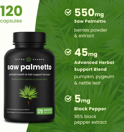 NutraChamps Saw Palmetto Supplement for Prostate Health [Extra Strength] 600mg Complex with Extract, Berry Powder & Herbs - Supports Healthy Urination Frequency, 120 Capsules