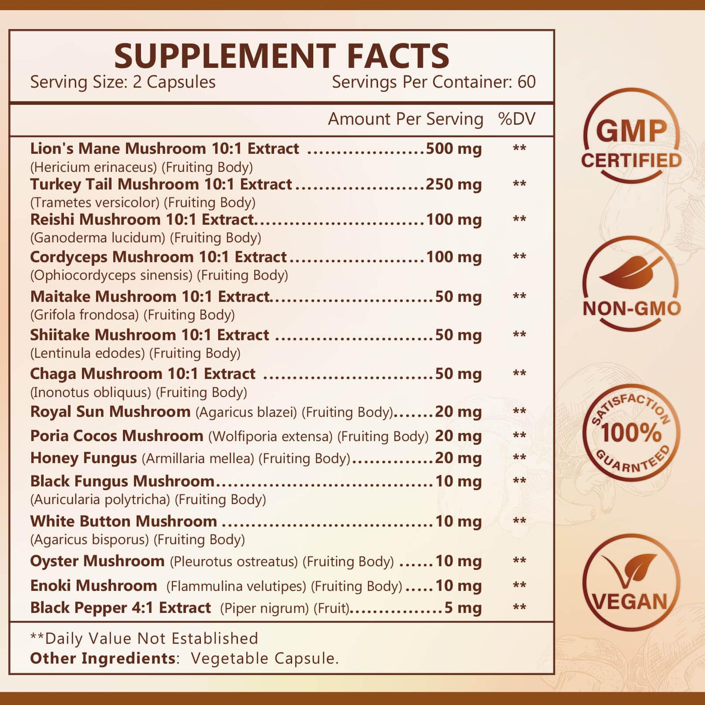 NATURE TARGET 14-in-1 Mushroom Supplement - Mushroom Complex with Lion's Mane, Cordyceps, Reishi & Turkey Tail - Caffeine-Free Energy, Memory & Immune Support - Vegan, 120 Capsules