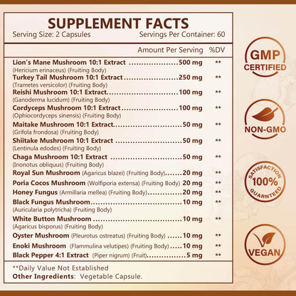 NATURE TARGET 14-in-1 Mushroom Supplement - Mushroom Complex with Lion's Mane, Cordyceps, Reishi & Turkey Tail - Caffeine-Free Energy, Memory & Immune Support - Vegan, 120 Capsules