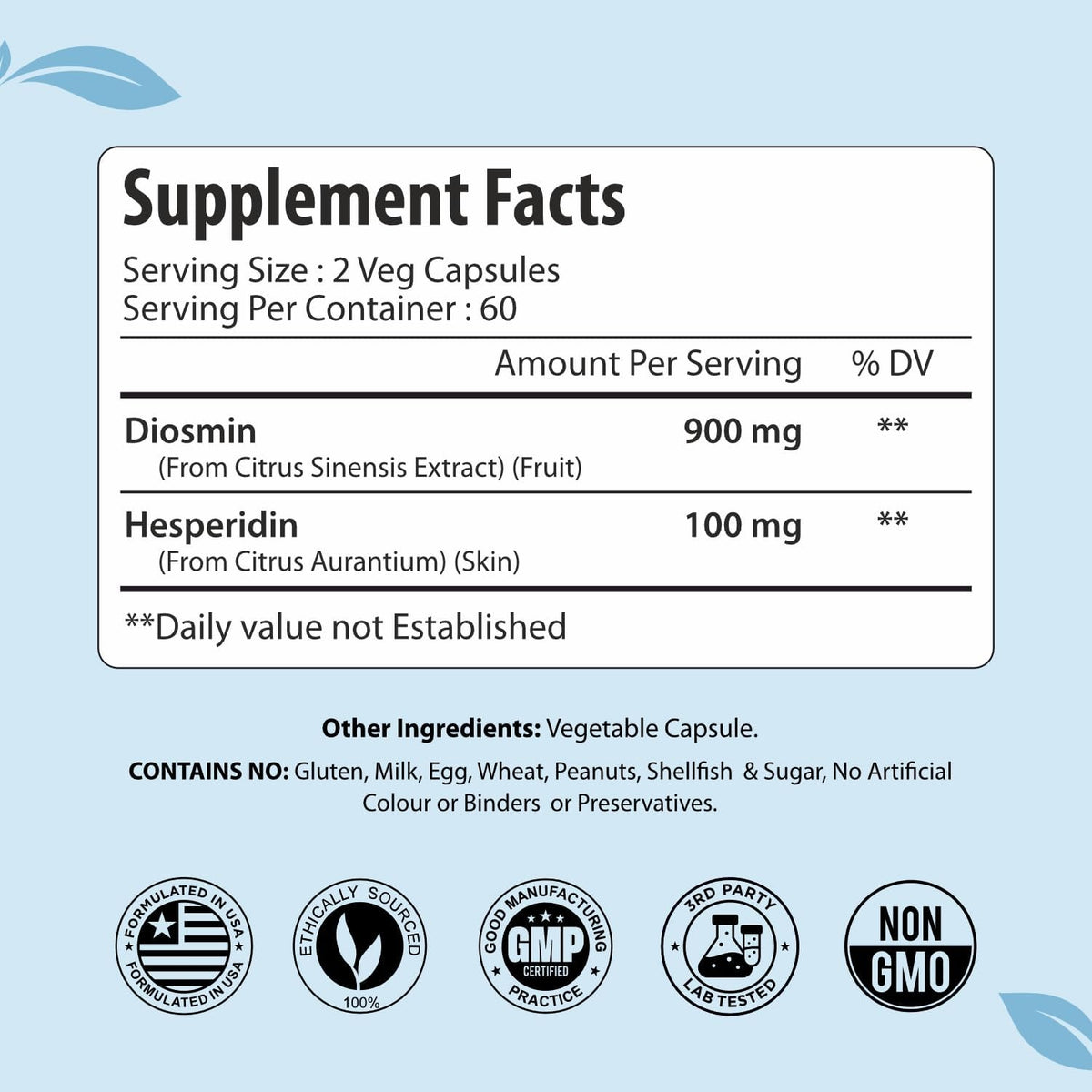 Diosmin Hesperidin 1000mg Complex, Citrus Bioflavonoid Rich Fruit Extract, 120 Vegan Capsules, 2 Month Supply, Non-GMO and Gluten Free Diosmin Supplement