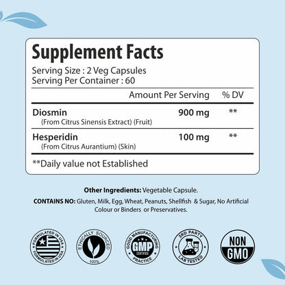 Diosmin Hesperidin 1000mg Complex, Citrus Bioflavonoid Rich Fruit Extract, 120 Vegan Capsules, 2 Month Supply, Non-GMO and Gluten Free Diosmin Supplement