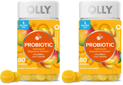 OLLY Probiotic Gummy,1 Billion CFUs,Immune and Digestive Support,Chewable Probiotic Supplement,Mango,80 Count (Pack of 2)