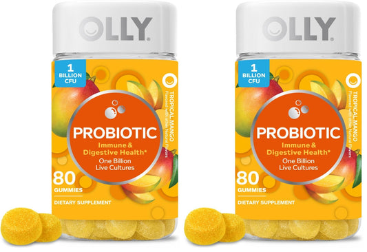 OLLY Probiotic Gummy,1 Billion CFUs,Immune and Digestive Support,Chewable Probiotic Supplement,Mango,80 Count (Pack of 2)