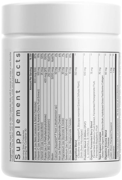 Codeage Teen Multivitamin+ Platinum Supplement - Vitamins A, C, D3, E, K2, B6, B12, Minerals, Probiotics, Citicoline Codeage