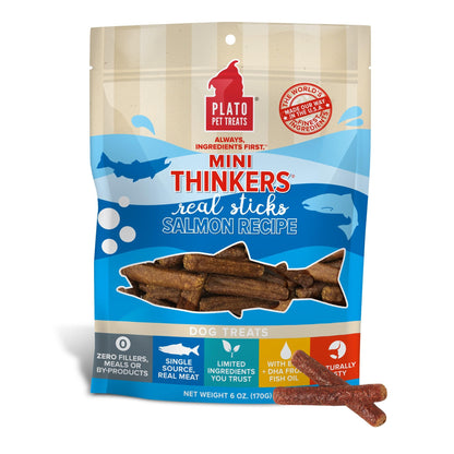 Plato Meat Sticks Salmon Dog Treats, Air-Dried High-Protein Soft Chews with Omega Fish Oil (EPA & DHA), 10 oz