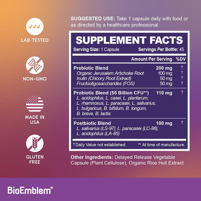 BioEmblem Probiotics for Women & Men – 55 Billion CFU | 11 Strains with Prebiotics & Postbiotics | Jerusalem Artichoke & Inulin | Digestive & Immune Support, Nutrient Absorption | Non-GMO,45 Capsules