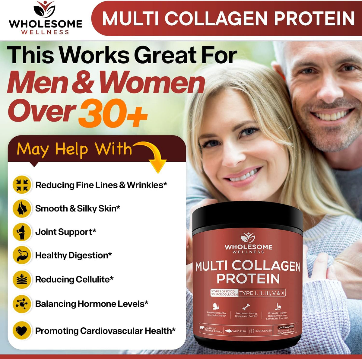 Wholesome Wellness Probiotics for Women 100 Billion CFUs with Prebiotics, Digestive Enzymes + Multi Collagen Protein Powder Hydrolyzed (Type I II III V X) Bundle