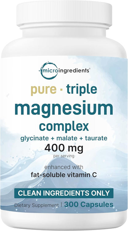 Micro Ingredients Pure Magnesium Complex, 300 Capsules | Triple Magnesium Glycinate, Malate, Taurate with Vitamin C | 100% Chelated | Supports Muscles, Nerves, & Energy | Only Active Ingredients