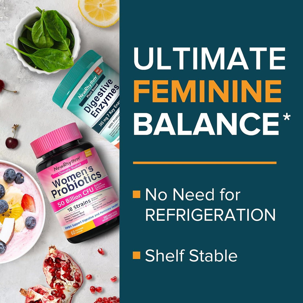 NewRhythm Women's Probiotics 50 Billion + Digestive Enzymes 245 mg Bundle, Gut Harmony Boost & Feminine Wellness, 120 Capsules Total (Pack of 2)