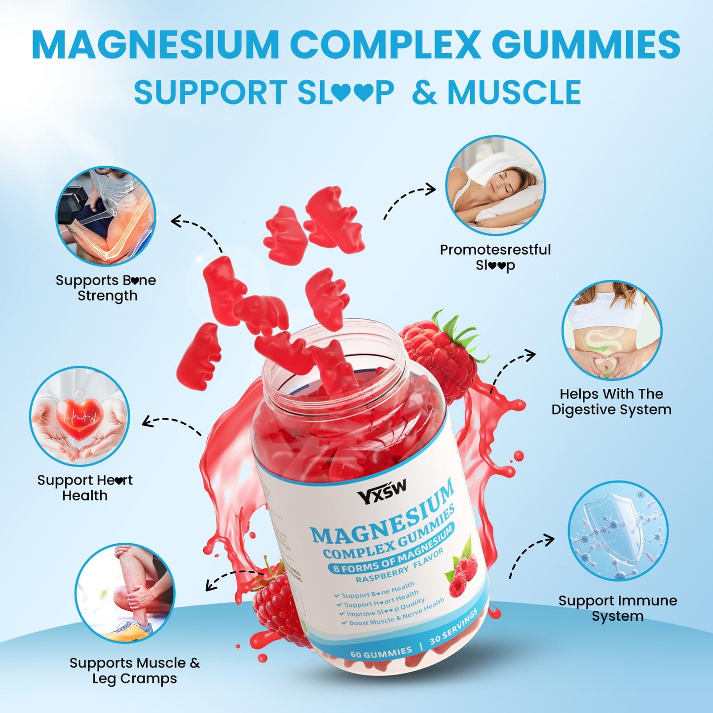 Magnesium Complex Gummies 8 Elemental 1000mg - Magnesium Glycinate, Citrate, Malate, Taurate, Supports Bones, Muscle, Nerve Health, for Women & Men, Vegan Non-GMO, Raspberry Flavor, 60 Count YXSW buy supplements Au