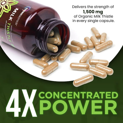 OmniBiotics Organic Milk Thistle Supplement 1500mg – 4X Concentrated Extract with Silymarin – High Potency Liver Detox & Support – 120 Vegan Capsules