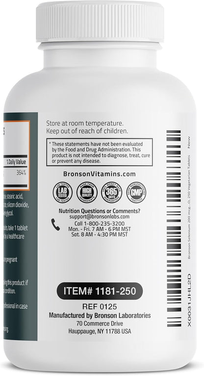 Bronson Selenium 200 mcg Immune & Antioxidant Support Essential Mineral, 250 Vegetarian Tablets