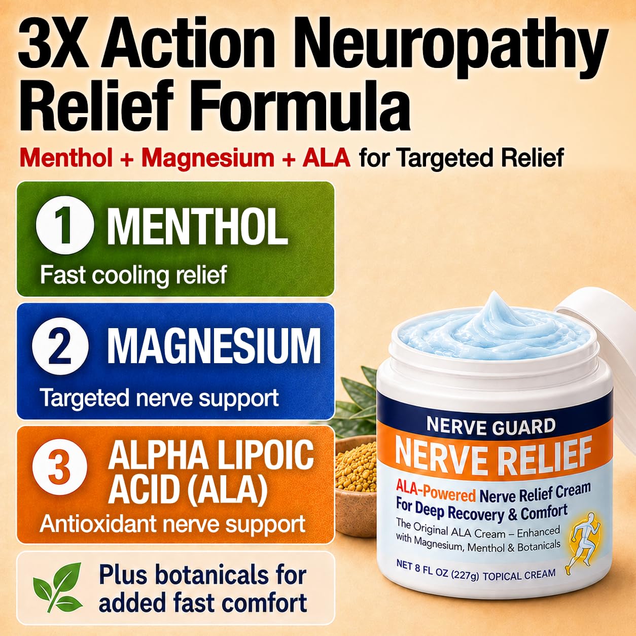 Neuropathy Cream – XL 8 oz – Maximum Strength Nerve Relief Cream for Feet Hands Legs Toes & Back – Fast Acting Relief with Menthol, Magnesium, ALA, Arnica –