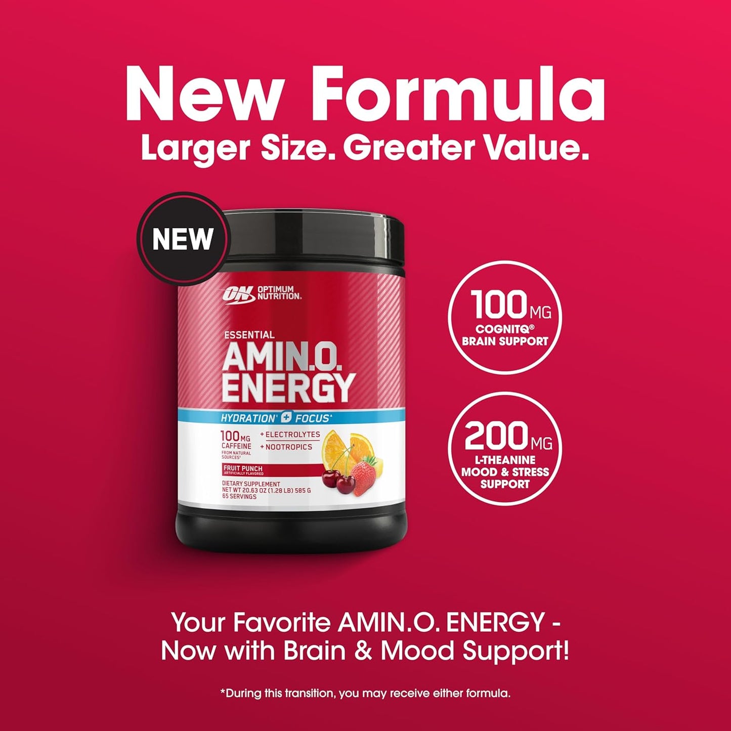 Optimum Nutrition Amino Energy Powder Plus Focus, Electrolytes, and Caffeine, Fruit Punch, 65 Servings (Packaging May Vary)