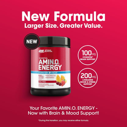 Optimum Nutrition Amino Energy Powder Plus Focus, Electrolytes, and Caffeine, Fruit Punch, 65 Servings (Packaging May Vary)
