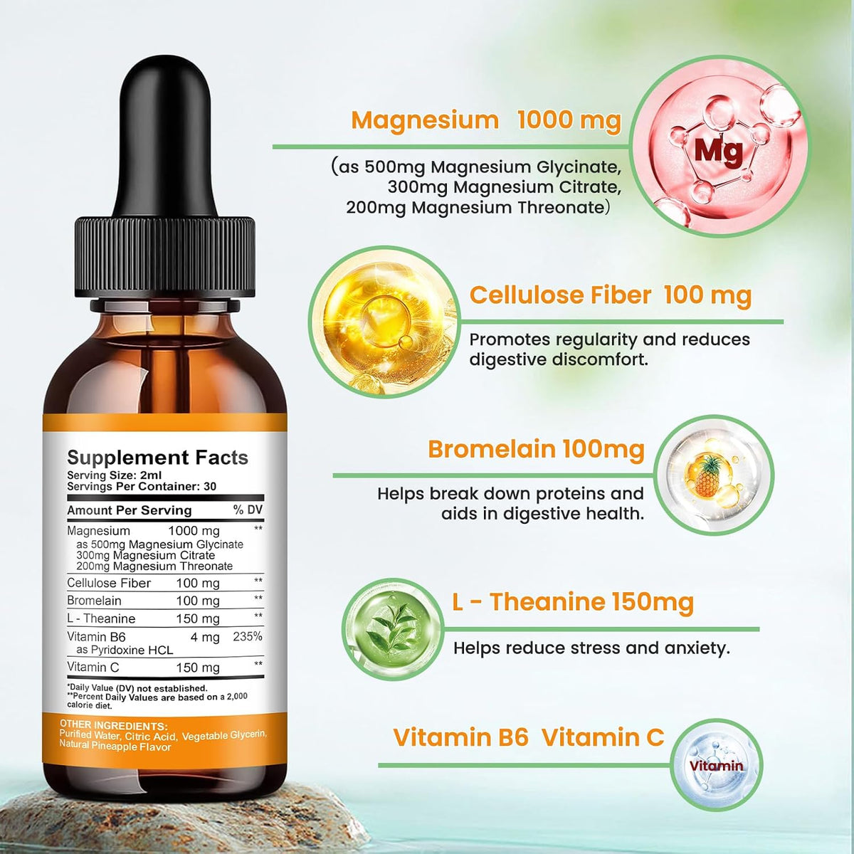 2 Pack Magnesium Liquid Drops Sugar-Free Pineapple & Strawberry Flavor