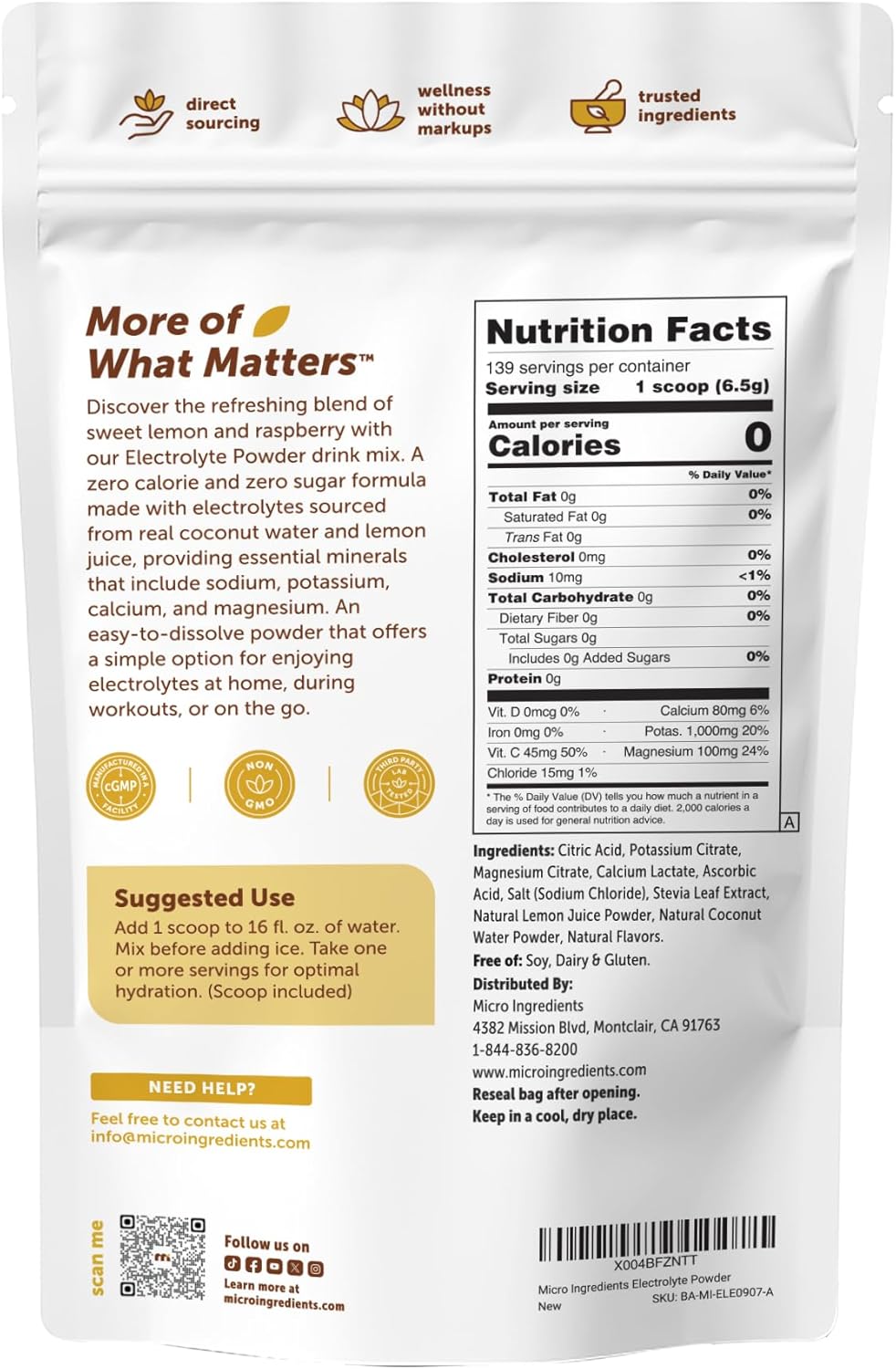 Micro Ingredients Electrolytes Powder, Sugar-Free Lemon Raspberry | 1,000 mg Potassium Per Serving. 139 Servings, 2 lb Bulk Supply, Hydration Drink Mix Powder. 0 Calorie, Keto Friendly. Non-GMO