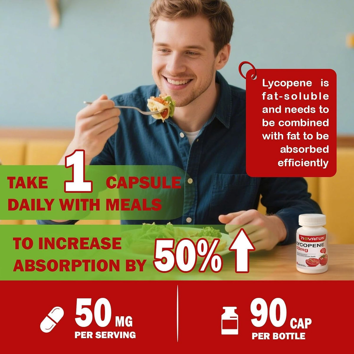Lycopene 50mg Supplements for Men, Natural Tomato Antioxidant Supplement, 90 Veggie Capsules-Cardiovascular Health, Immune Support & Skin Health, 3 Month Supply