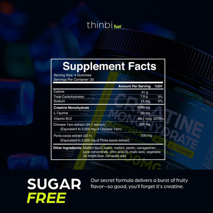 Thinbi Creatine Gummies for Women & Men, Monohydrate, Blueberry, 120 Count