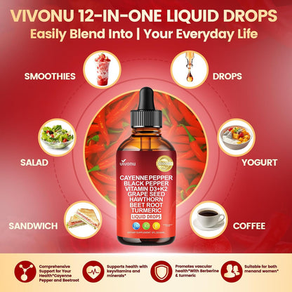 VivoNu Cayenne Pepper Softgels Supplement, Supports Leg Vein, Heart and Blood Vessel Health, with Vitamin E D3+K2 and Extracts of Grape Seed, Hawthorn, Beetroot, Berberine (Drops /1 Bottle)