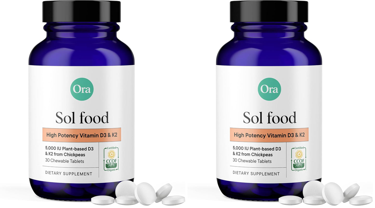 Ora Organic Vitamin D3 5000IU + K2 - Vegan Vitamin D from Lichen and K2 from Chickpeas for Bone Health, Immune Support, & Mood, Maximum Absorption - 1 Month Supply, 30 Chewable Tablets (Pack of 2)