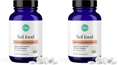 Ora Organic Vitamin D3 5000IU + K2 - Vegan Vitamin D from Lichen and K2 from Chickpeas for Bone Health, Immune Support, & Mood, Maximum Absorption - 1 Month Supply, 30 Chewable Tablets (Pack of 2)