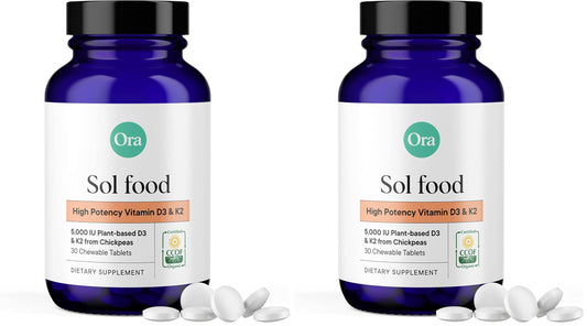 Ora Organic Vitamin D3 5000IU + K2 - Vegan Vitamin D from Lichen and K2 from Chickpeas for Bone Health, Immune Support, & Mood, Maximum Absorption - 1 Month Supply, 30 Chewable Tablets (Pack of 2)