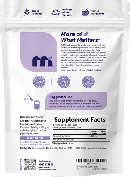 Micro Ingredients Glycine Powder, 1KG (2.2 Pounds), Glycine 1000mg Per Serving, Water Soluble and Product of USA