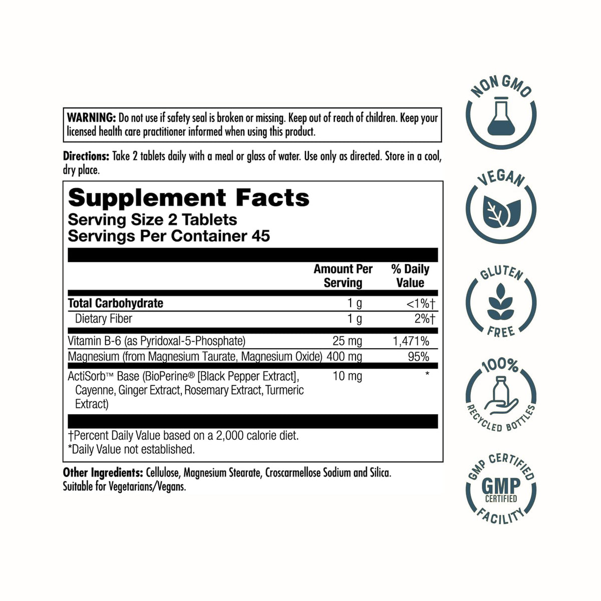 KAL Magnesium Taurate 400mg Plus Vitamin B6, Chelated Magnesium Supplement, High Absorption Magnesium Complex, Muscle and Heart Health Support, Vegan, Gluten Free, 60-Day Guarantee, 60 Serv, 120 Tabs