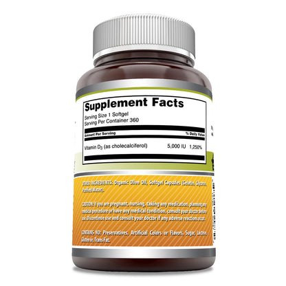 Amazing Formulas Vitamin D3 in Olive Oil 5000 IU Supplement | Softgels | Non-GMO | Gluten-Free | Made in USA (1 Pack | 360 Count)