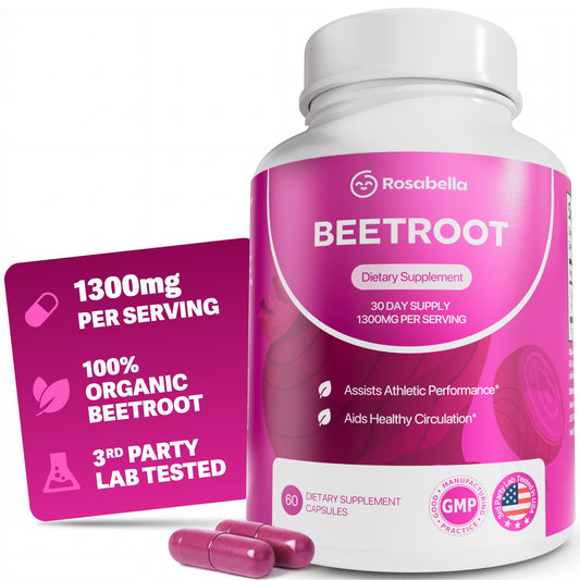 Rosabella Organic Beet Root Capsules - 1300mg Beet Root Powder Aids Healthy Circulation & Vitality, Non-GMO, Beet Root Supplement