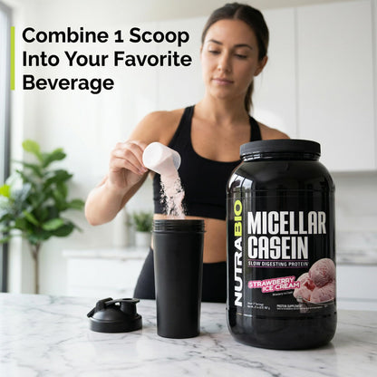 NutraBio Casein Protein Powder, Micellar Casien Powder, 25g Slow Digesting Protein, Helps Keep You Full, Overnight Muscle Recovery & Growth, BCAA & EAA, Gluten Free, Soy Free, 2lb Strawberry Ice Cream