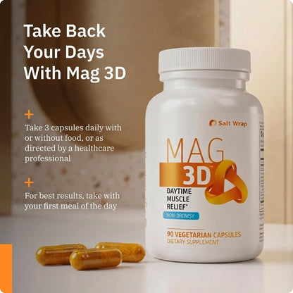 SaltWrap Mag 3D Daytime Non-Drowsy Leg Cramp & Muscle Relief, 90 Caps | Made in USA GMP Facility, Alpha Lipoic Acid with Turmeric Curcumin C3 and BioPerine for Nerve Health and Circulation