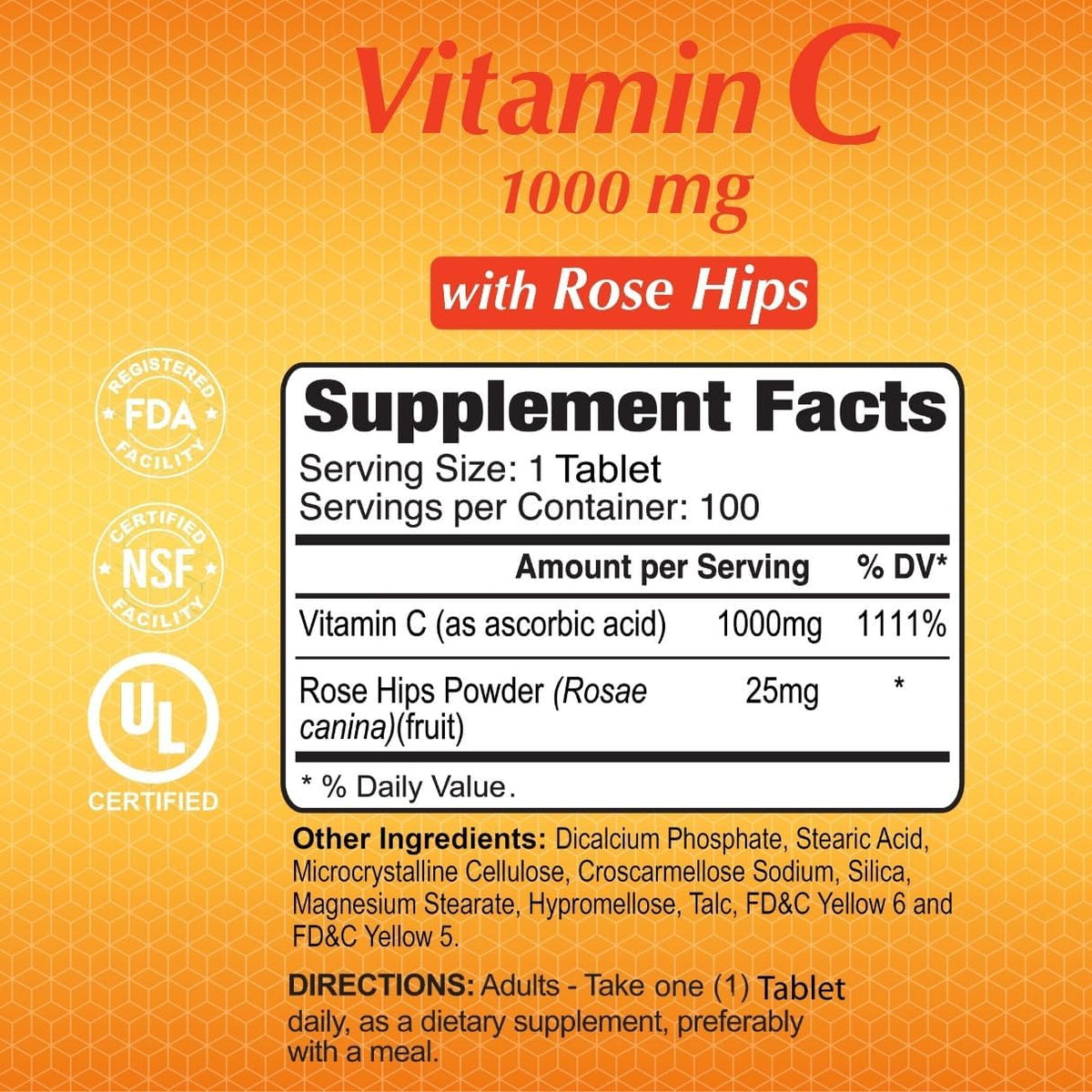ALFA VITAMINS Vitamin C with Rose Hips with 1000 mg Vitamin C per Serving - Antioxidant & Immune Support + Supports Healthy Skin & Joints - Non GMO, Vegan, Gluten Free, Dairy Free - 100 Tablets