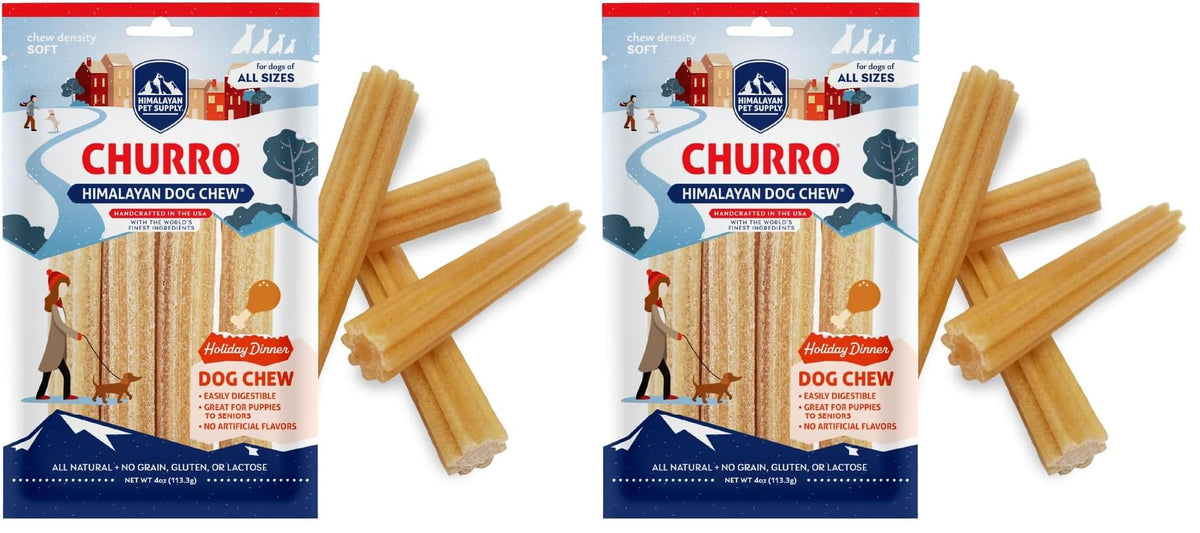 Himalayan Dog Chew Churro, Soft Yak Cheese Treat, Peanut Butter, 4 Sticks | 100% Natural, Soft Density Dental Support, Gluten Free, Healthy Safe Dog Treats for All Breeds and Ages, Lactose & Grain Free