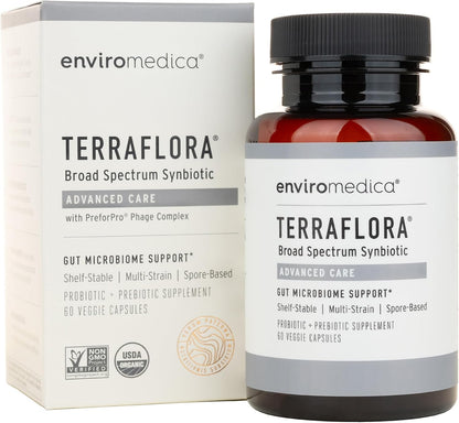 Terraflora Advanced Care Synbiotic, SBO Spore Probiotic, Gut, 60 Ct | Soil-based spore probiotics & prebiotics with Bacillus coagulans & subtilis. Digestive & gut health, vegan. 60 caps.