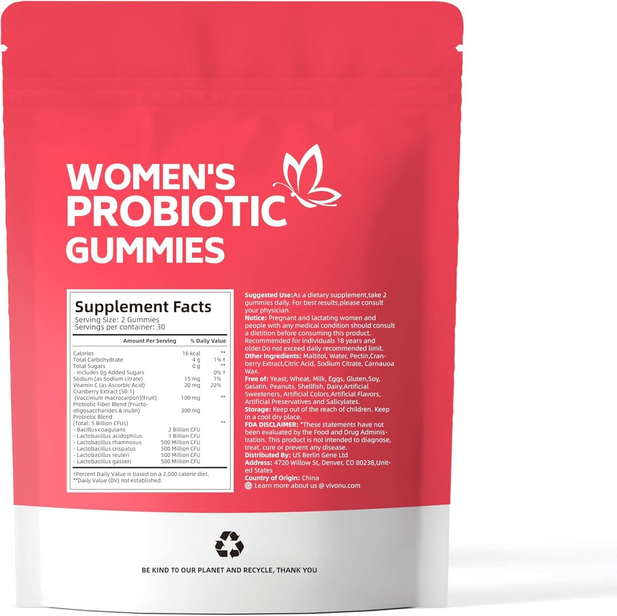 VivoNu Probiotics for Women, Women Probiotic Gummies, 500 Million CFUs, Fiber | Feminine Balance Gummies for Healthy Odour, Digestive Support and Gut Health + Vitamin C for Immune Support - 60 Gummies