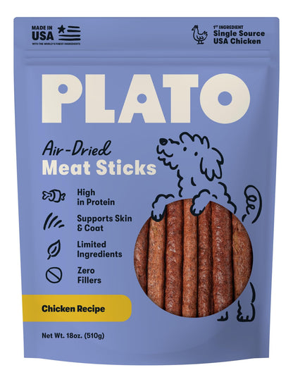 Plato Meat Sticks Salmon Dog Treats, Air-Dried High-Protein Soft Chews with Omega Fish Oil (EPA & DHA), 10 oz