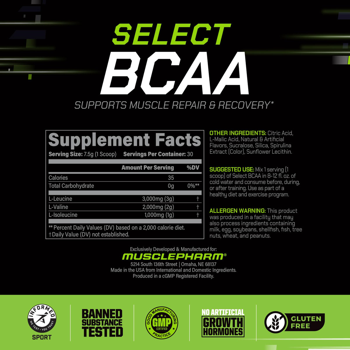 MusclePharm Essentials BCAA Powder, Pre & Post Workout Recovery Drink, Supports Muscle Recovery & Energy, Essential Amino Acids, 30 Serv, Fruit Punch
