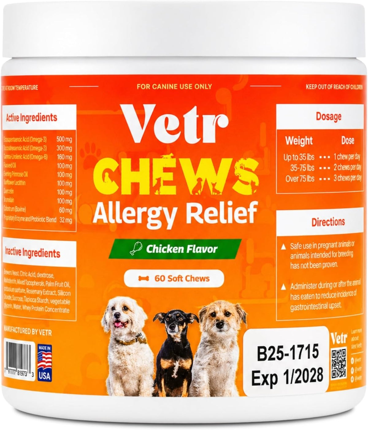 Vetr Allergy Relief Chews for Dogs - Dog Itching Skin Relief, Dog Allergy Treats with Probiotics and Omega-3 - Chicken Flavored 60 Count - Vet-Formulated in USA