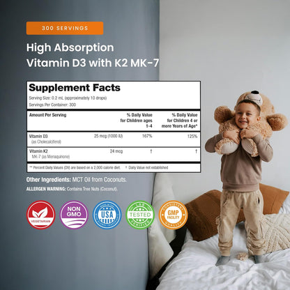 NutraChamps Kids Vitamin D 3 K2 Drops, Vitamin D3 & K2 MK-7, Liquid Vitamin D for Kids 1000 IU, Healthy Bones, Heart & Immune System, Sugar Free Supplement for Toddlers, 300 Servings