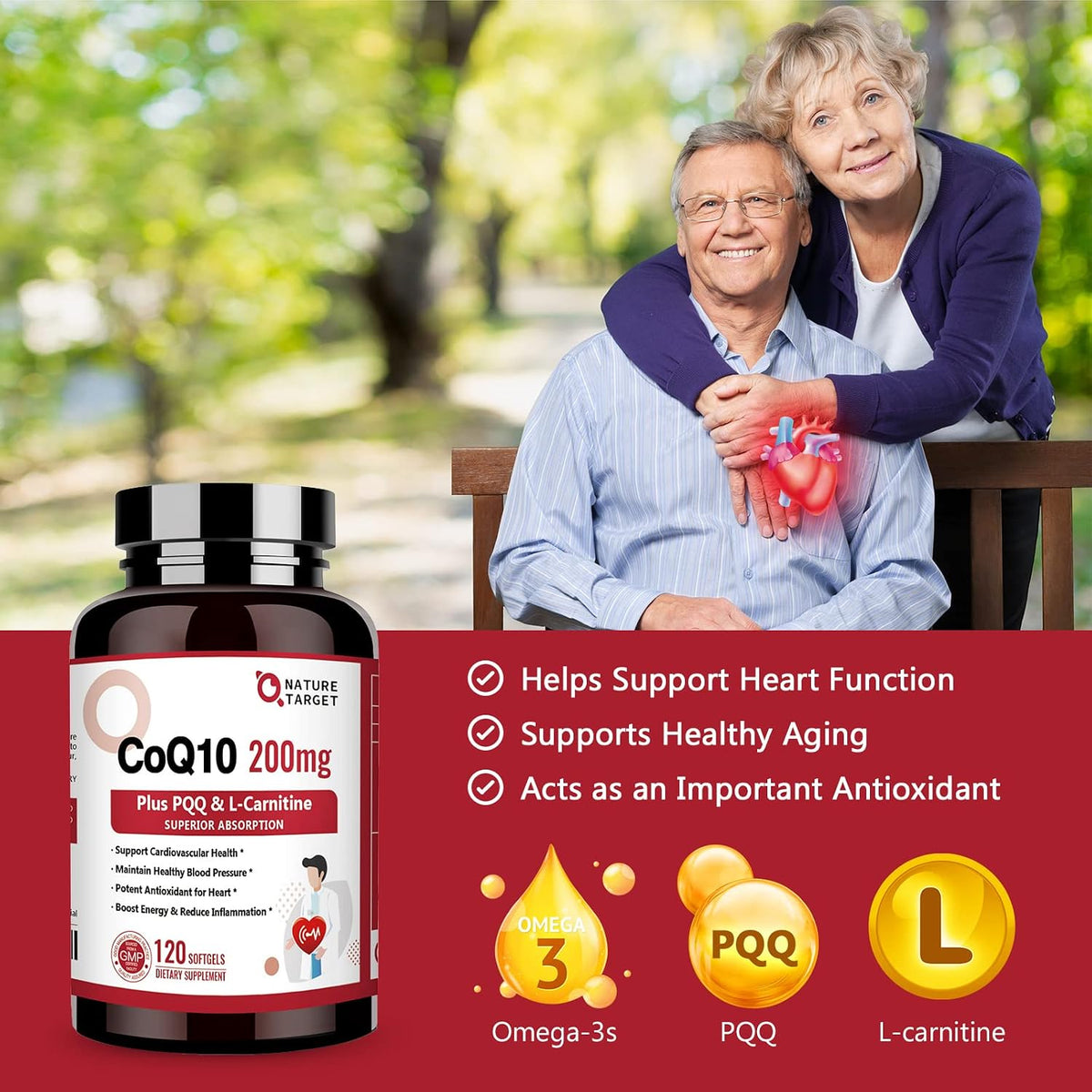 NATURE TARGET CoQ10 200mg with PQQ, L-Carnitine and Omega-3s, 120 Softgels | High-Absorption Coenzyme Q10 with BioPerine Supports Heart, Immune Health and Cellular Energy Production