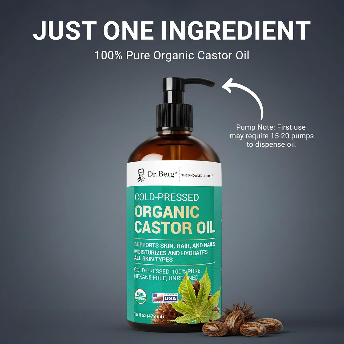 Dr. Berg Organic Castor Oil – 16 fl oz Cold-Pressed Oil – Pure, Unrefined, Single Ingredient – Sourced in India, Bottled in USA – Lab Tested, USDA Organic, Glass Bottle