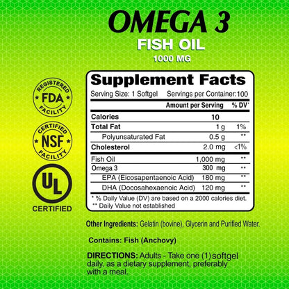 ALFA VITAMINS Omega 3 Fish Oil 1000mg Supplement, Supports Heart Health, Brain Function, Joint Mobility & Skin Hydration, 300mg Omega-3, 180mg EPA, 120mg DHA, 100 Softgels per Bottle, 4 Pack